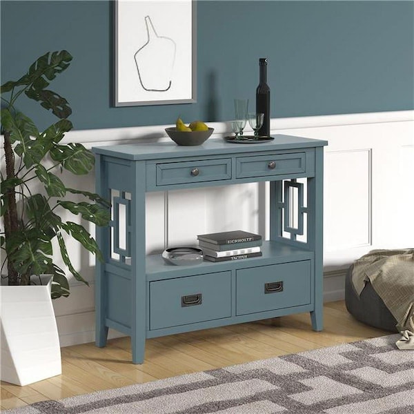 Direct Wicker 36in Farmhouse Pine Wood Console Table Entry Table with 4 Drawers and 1 Storage Shelf Blue UBS-W120246660 - main
